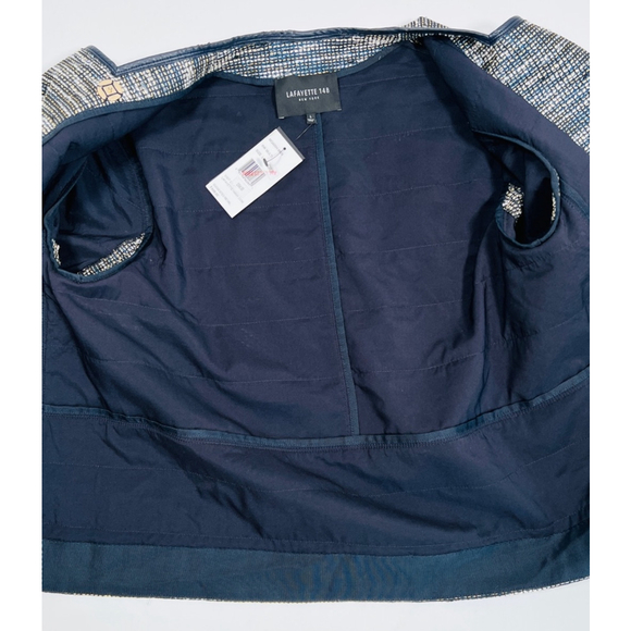 Lafayette 148 New York Woman’s Blazer Blue White Jacket, Size L Leather Trim - Picture 12 of 16